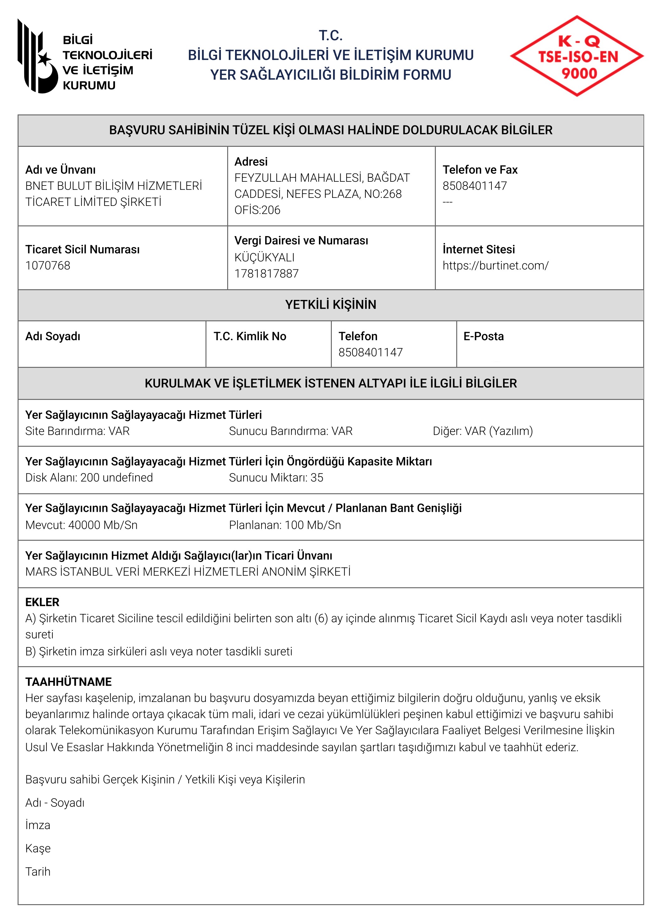 BNET BULUT BİLİŞİM YER SAĞLAYICI BELGESİ